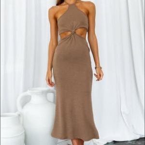 Tan Halter MIDI Dress